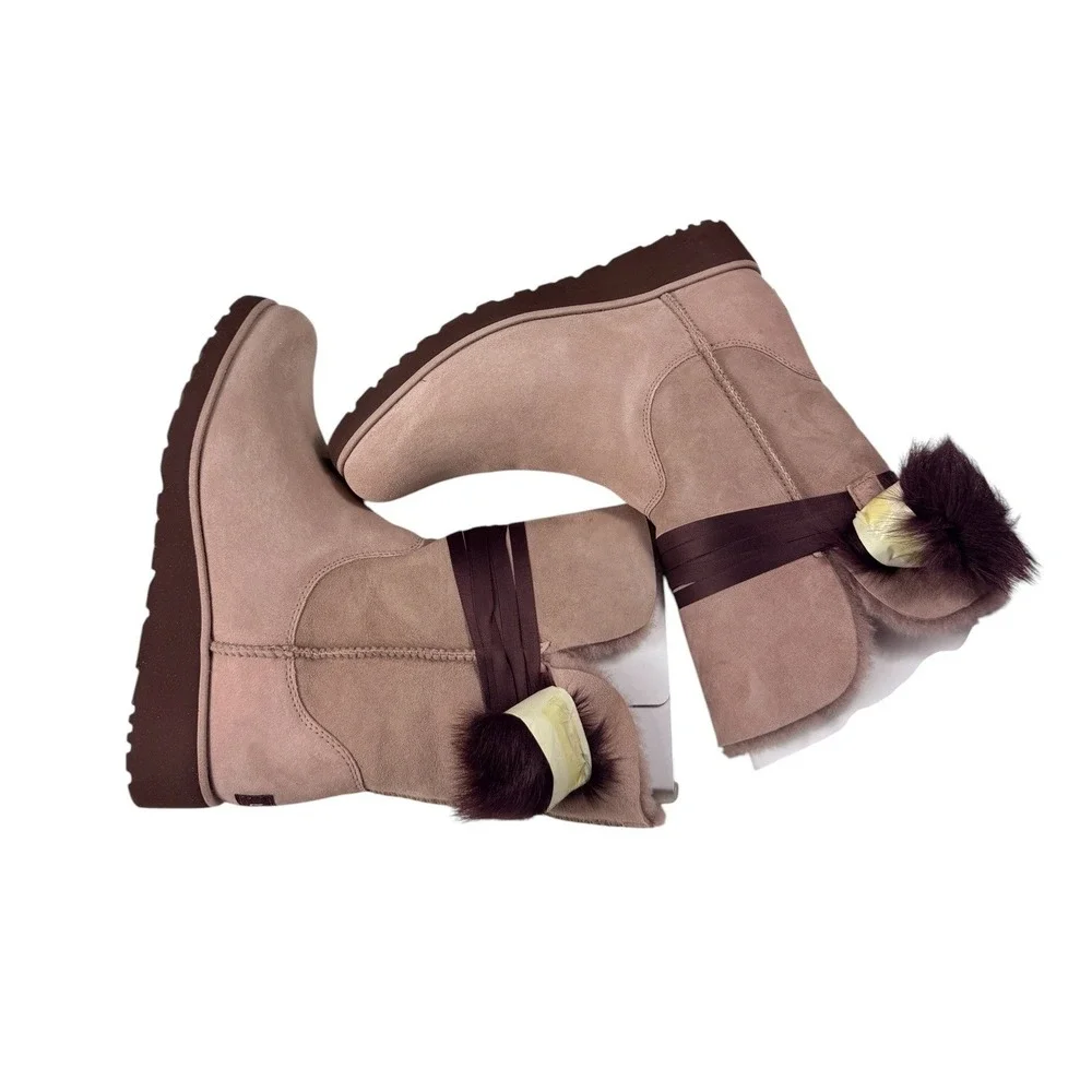 UGG Brita Boots Dusty Rose Suede Pom Pom Mid Calf Winter 1018518 Size 11 NEW
